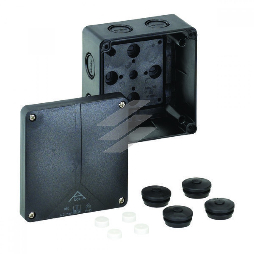 Розподільча коробка Abox-i 060-L/sw (110х110х67), порожня, полікарбонат, метрич. введеня-9 місць (6-М20/М25, 1-М20, 2-М16 на днищі), IP65, чорна, Spelsberg